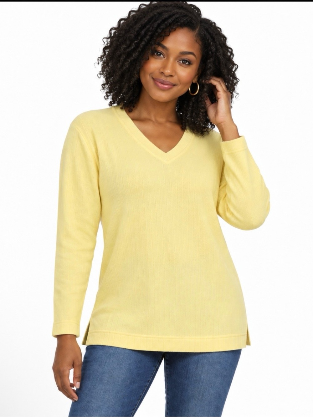Vintage N.Y.L. New York Laundry Yellow V-Neck Fleece Pullover Sweater Medium Y2K